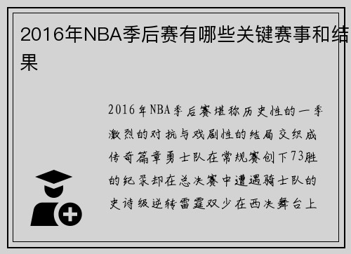 2016年NBA季后赛有哪些关键赛事和结果